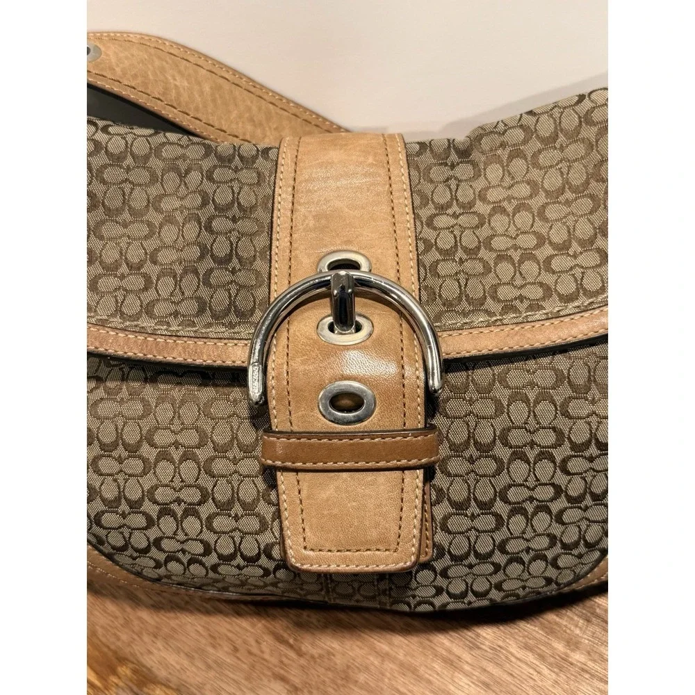 Coach Soho Flap Shoulder Bag Womens Small Brown Tan Mini Signature Canvas Buckle